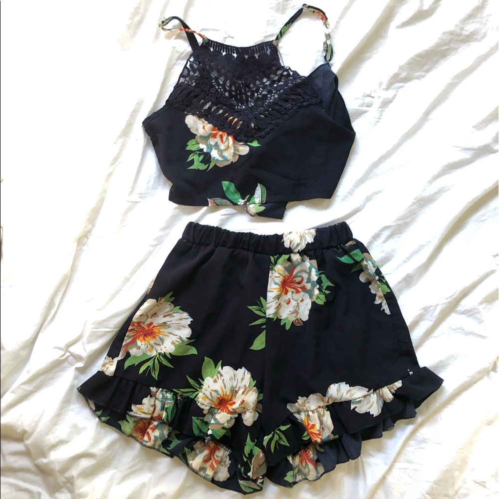 Navy Floral Chiffon Two-Piece Set